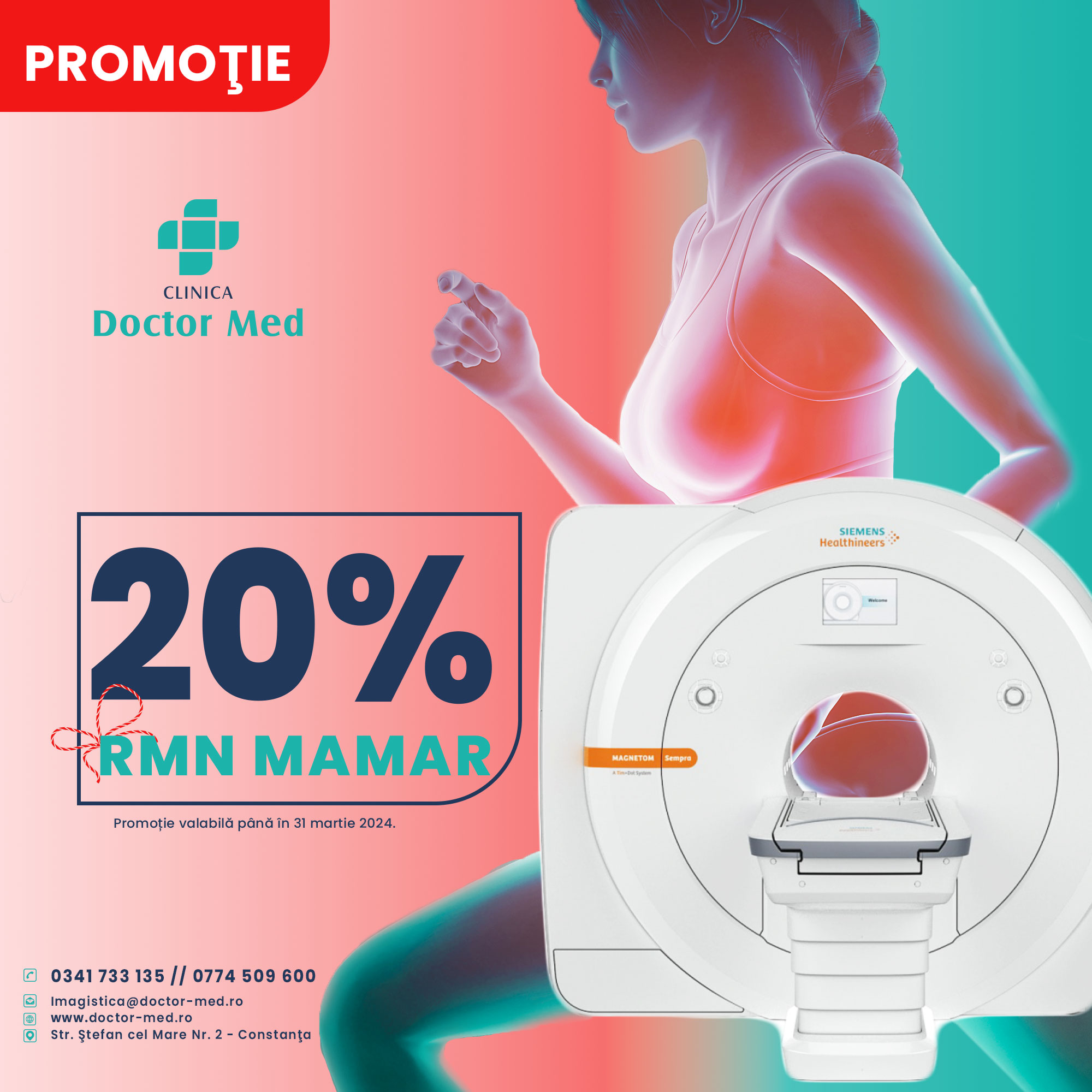 20 {e901892889558ce3e836a9f629bece4fe59cb9a6e9bafb492292bfc7afa6eb0f} reducere la examinarea RMN de sân la Doctor Med Constanța